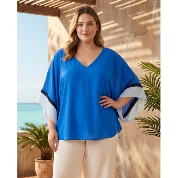 White House Black Market Tops - White House Black Market Blouse XL Blue Colorblock V-Neck Soft Flowy Vacation